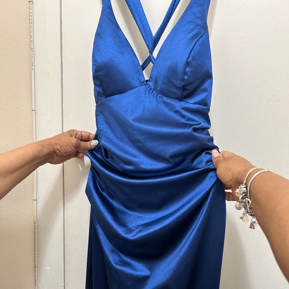 NWOT B. Darlin Sleeveless Satin X-Back Long Marine Blue Dress- Size 13/14 - Picture 6 of 13